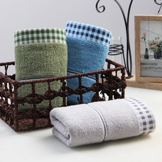Factory direct sale of plaid-edged pure cotton face towels, solid color, gift, advertising, wholesale, adult beauty face towels, with skin-friendly logos available.